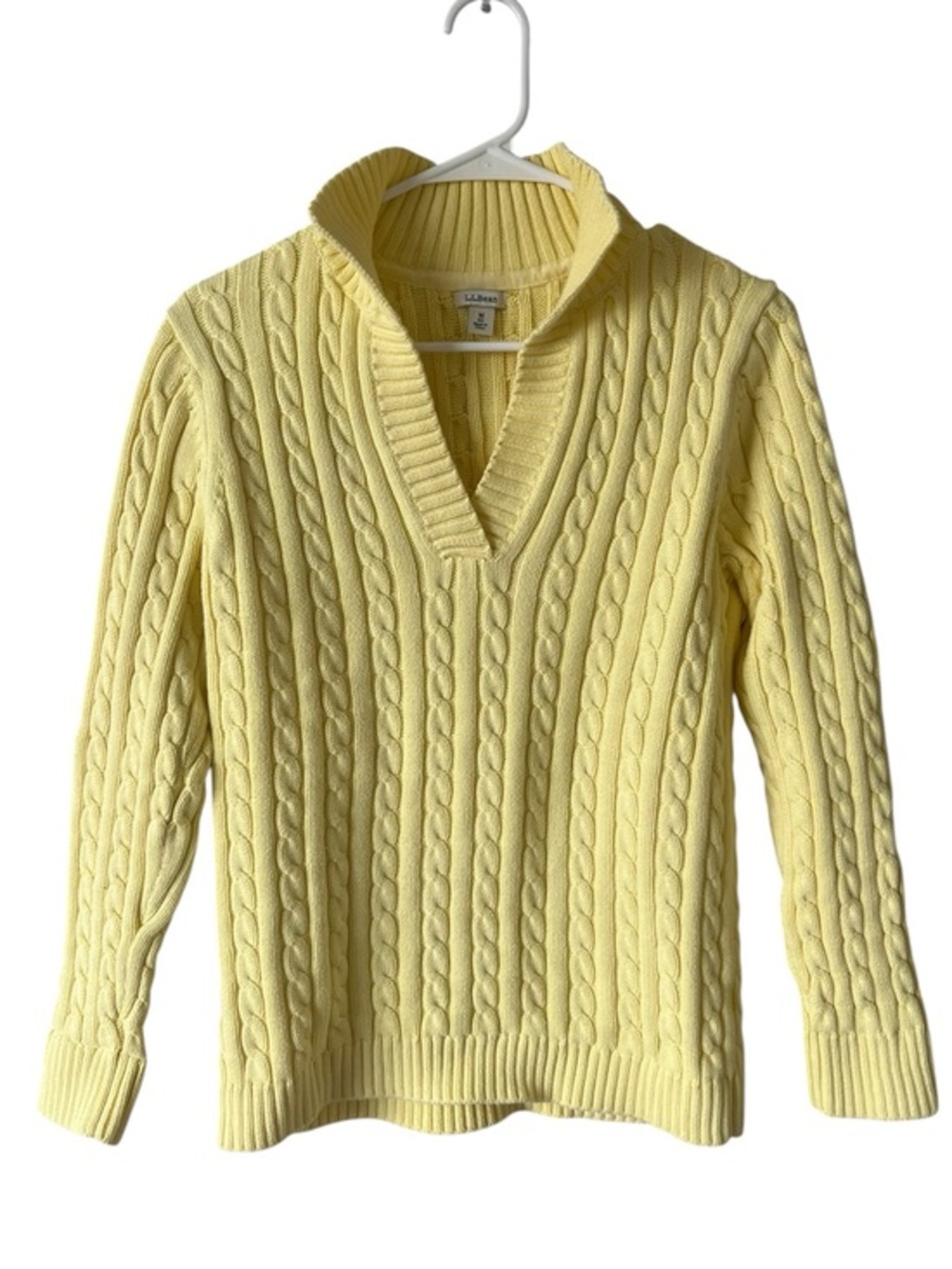 L.L. Bean Women's butter Yellow Cable-Knit V-Neck Sweater